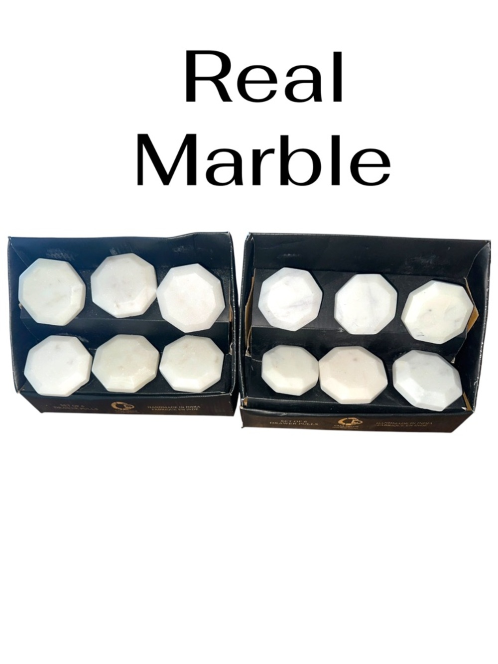 CASA DECOR HANDMADE 100% REAL MARBLE white hexagon Drawer Pulls knobs silver 2" - Picture 6 of 8